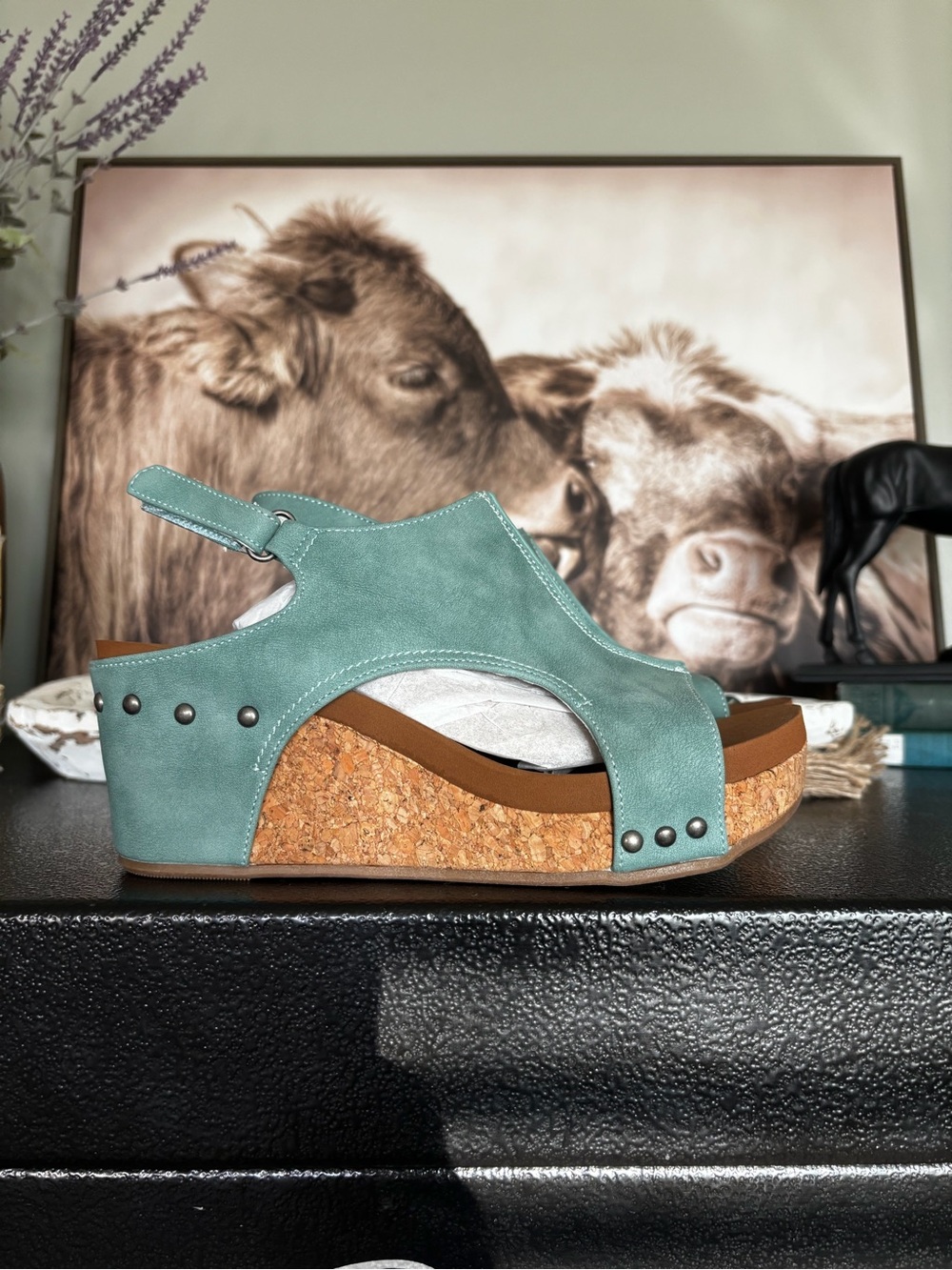 Very G Teal Cork Wedge Slingback Sandal